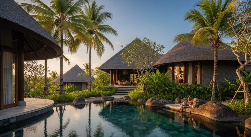 best eco luxury resort bali, Bali — Photorealistic editorial travel photo, eco-luxury Bali, natural light, lush tropical