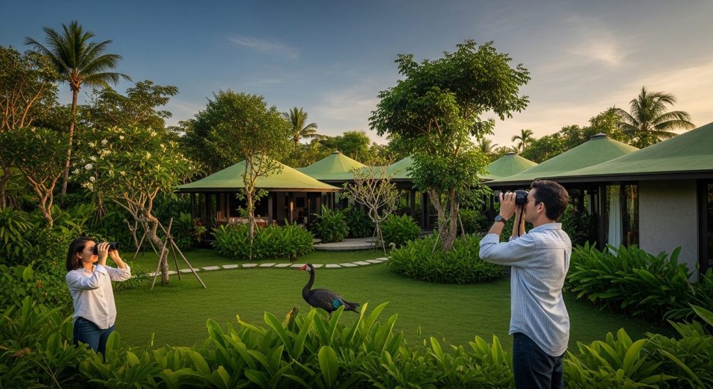 wildlife bird watching bali, Bali — Photorealistic editorial travel photo, eco-luxury Bali, natural light, lush tropical