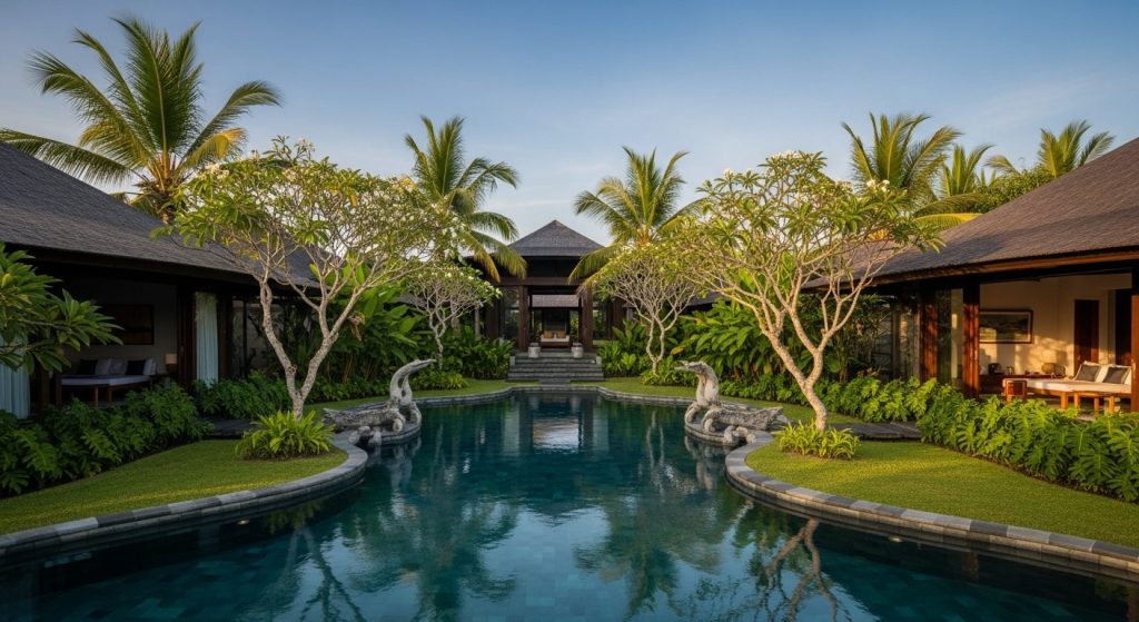 carbon neutral travel bali, Bali — Photorealistic editorial travel photo, eco-luxury Bali, natural light, lush tropical