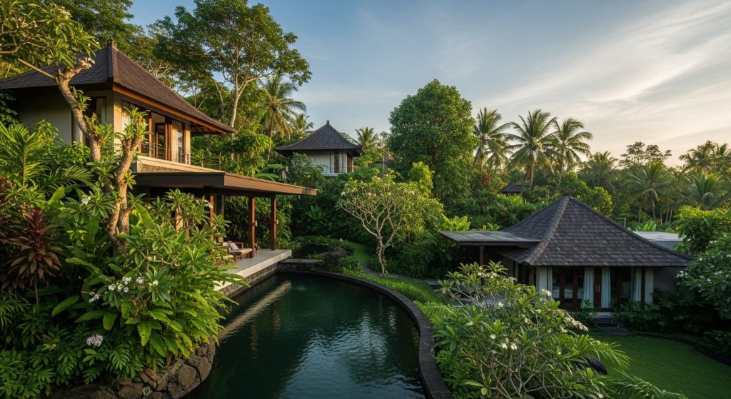 bali eco tourism certification, Bali — Photorealistic editorial travel photo, eco-luxury Bali, natural light, lush tropi