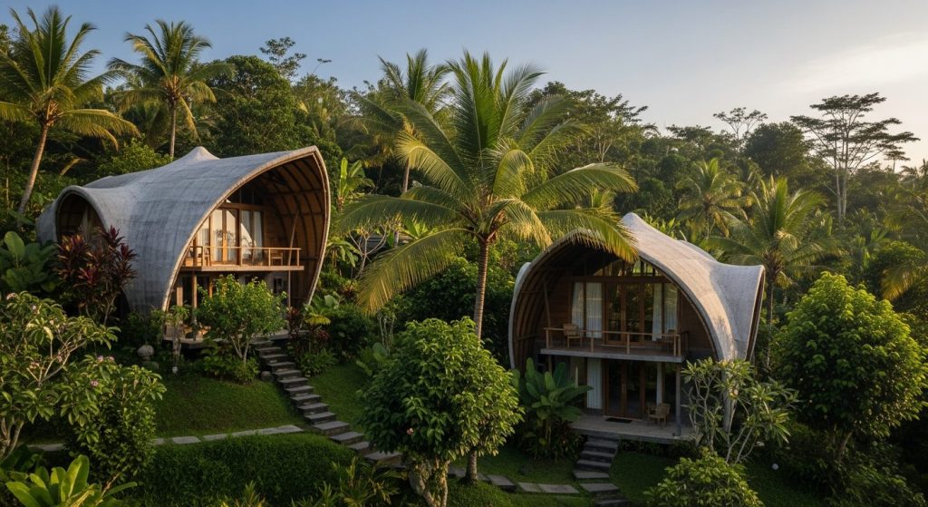 community based tourism bali villages, Bali — Photorealistic editorial travel photo, eco-luxury Bali, natural light, lus