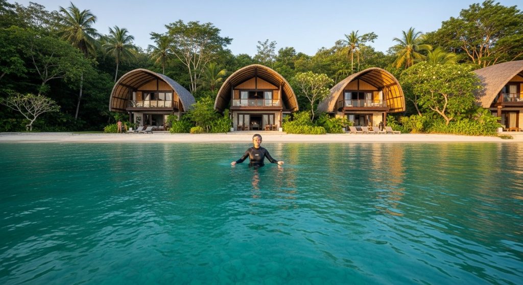 best sustainable diving bali amed, Bali — Photorealistic editorial travel photo, eco-luxury Bali, natural light, lush tr