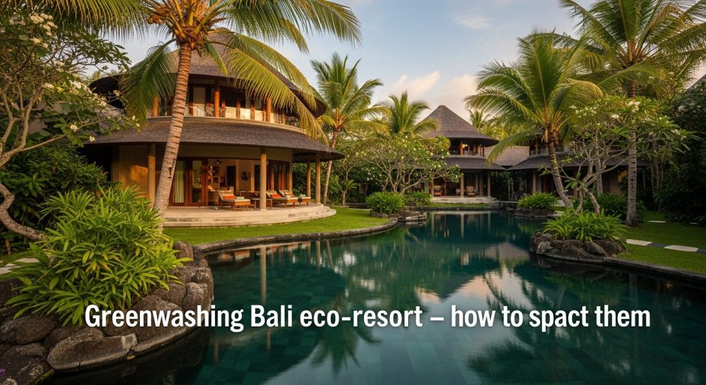 greenwashing bali eco resorts how to spot, Bali — Photorealistic editorial travel photo, eco-luxury Bali, natural light,