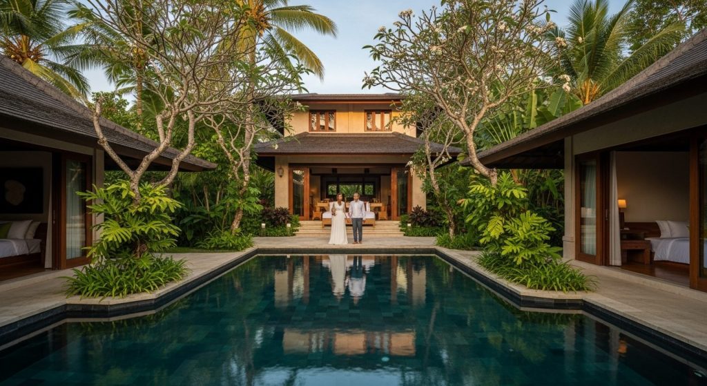 eco-conscious bali honeymoon planning guide, Bali — Photorealistic editorial travel photo, eco-luxury Bali, natural ligh