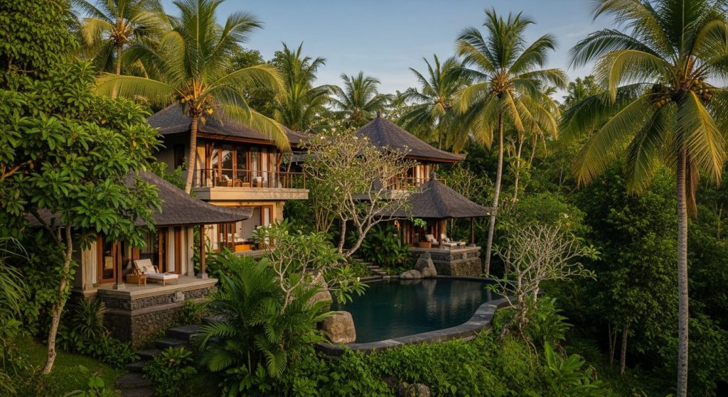 meditation retreat bali ubud, Bali — Photorealistic editorial travel photo, eco-luxury Bali, natural light, lush tropica