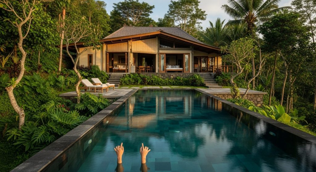 bali off grid villa what to know, Bali — Photorealistic editorial travel photo, eco-luxury Bali, natural light, lush tro