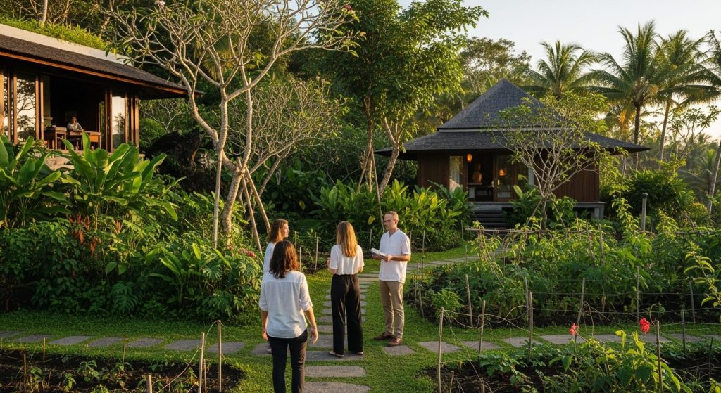 permaculture garden tour bali, Bali — Photorealistic editorial travel photo, eco-luxury Bali, natural light, lush tropic