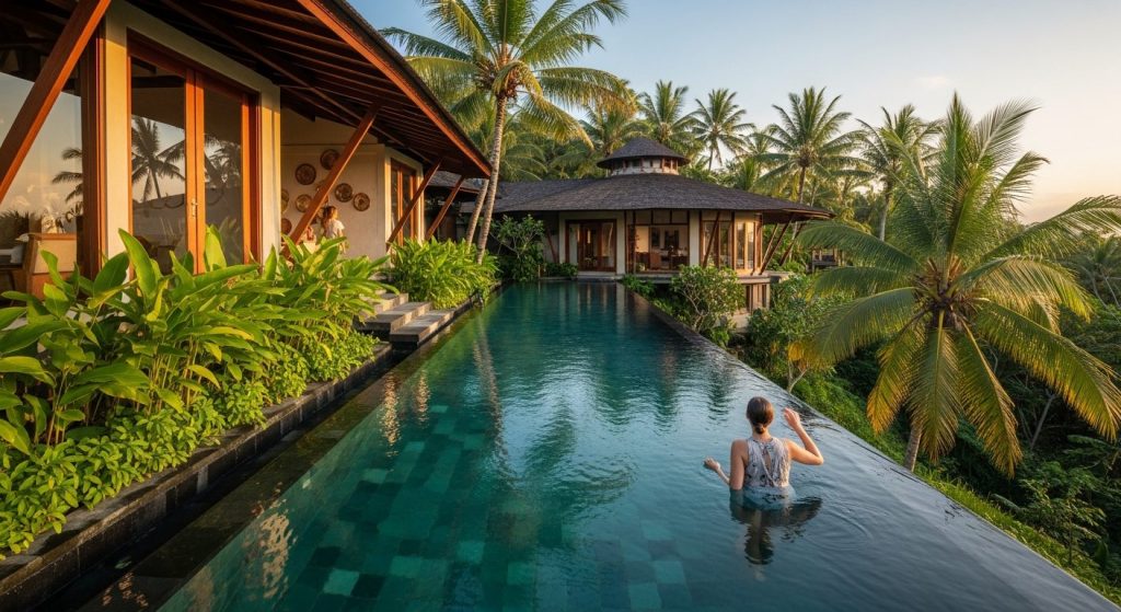 how to plan sustainable bali trip, Bali — Photorealistic editorial travel photo, eco-luxury Bali, natural light, lush tr