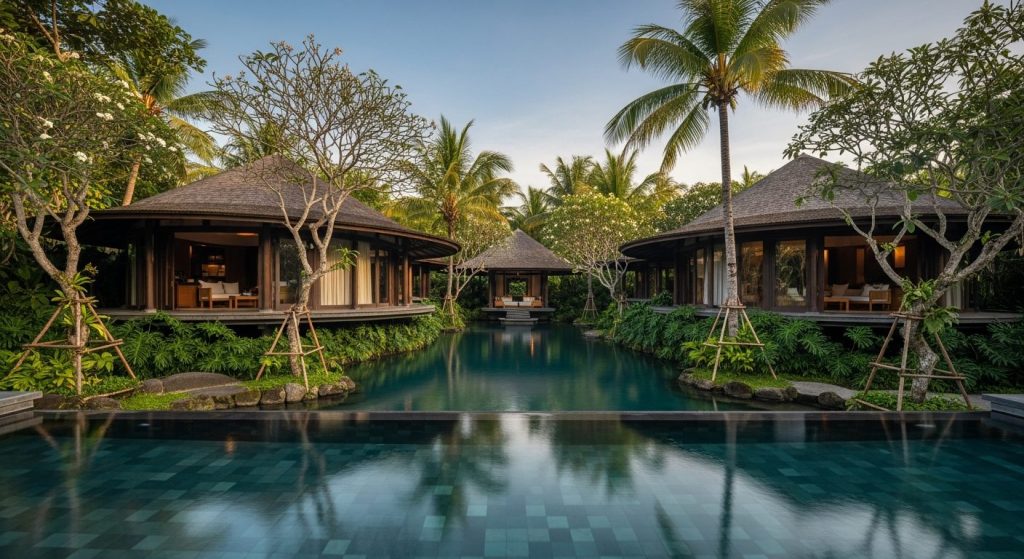 regenerative tourism bali, Bali — Photorealistic editorial travel photo, eco-luxury Bali, natural light, lush tropical n
