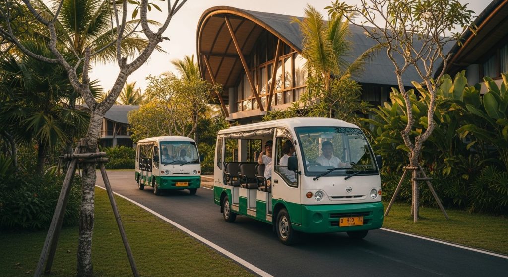 eco friendly transport bali, Bali — Photorealistic editorial travel photo, eco-luxury Bali, natural light, lush tropical
