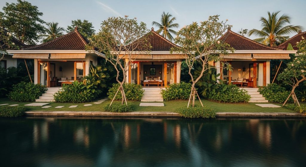 bali zero waste accommodation, Bali — Photorealistic editorial travel photo, eco-luxury Bali, natural light, lush tropic