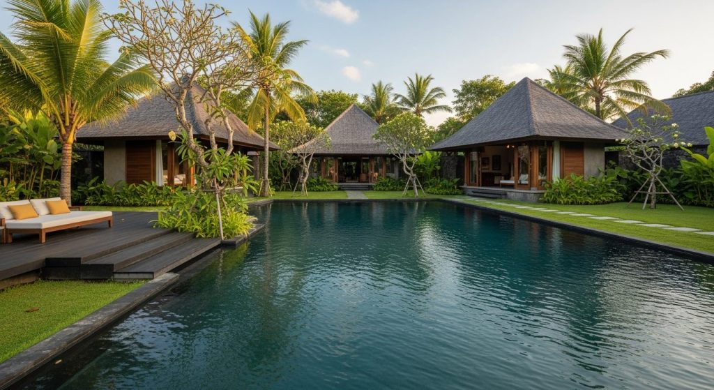 bali concierge eco travel planning, Bali — Photorealistic editorial travel photo, eco-luxury Bali, natural light, lush t