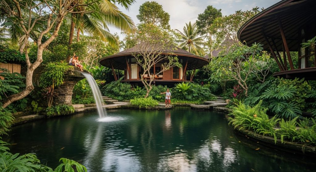 cultural community tourism bali, Bali — Photorealistic editorial travel photo, eco-luxury Bali, natural light, lush trop