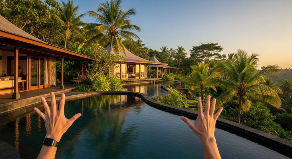 sustainable luxury bali travel guide, Bali — Photorealistic editorial travel photo, eco-luxury Bali, natural light, lush
