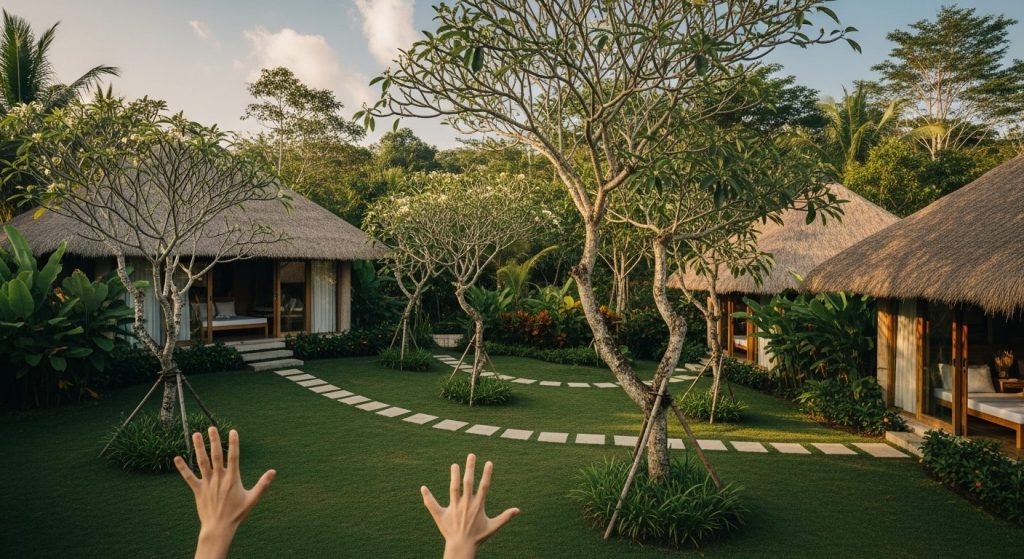 organic farm stay bali, Bali — Photorealistic editorial travel photo, eco-luxury Bali, natural light, lush tropical natu