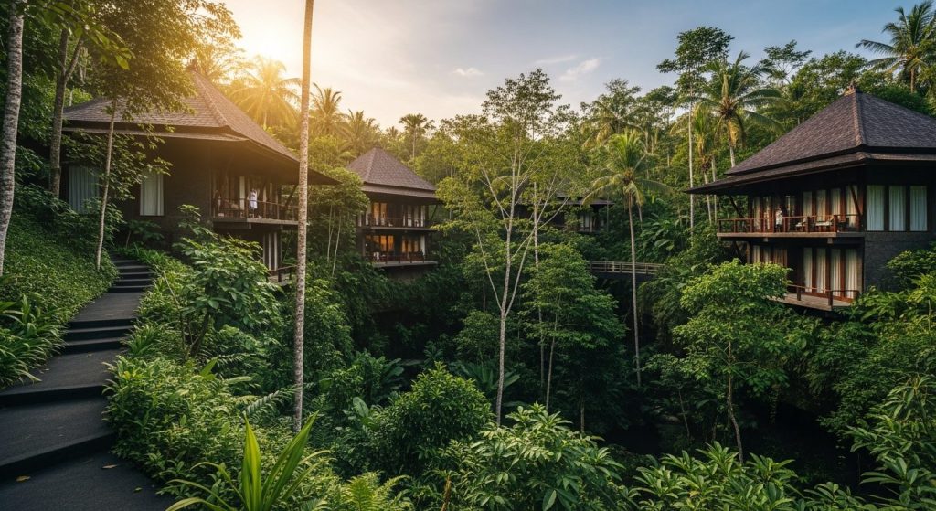 nature jungle tour bali guides, Bali — Photorealistic editorial travel photo, eco-luxury Bali, natural light, lush tropi