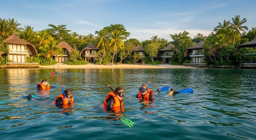 bali marine eco tour snorkel, Bali — Photorealistic editorial travel photo, eco-luxury Bali, natural light, lush tropica