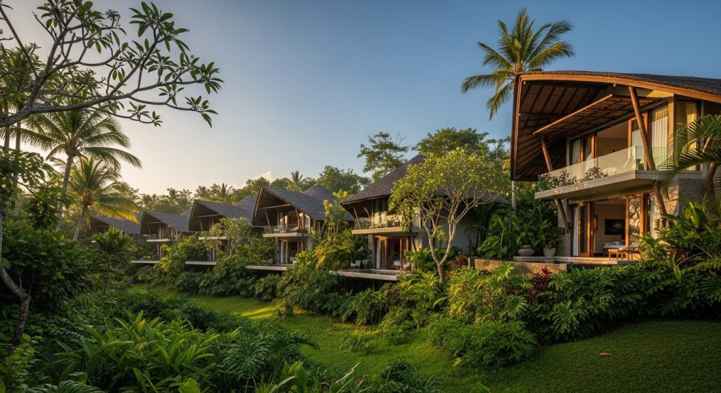 eco luxury resorts bali, Bali — Photorealistic editorial travel photo, eco-luxury Bali, natural light, lush tropical nat