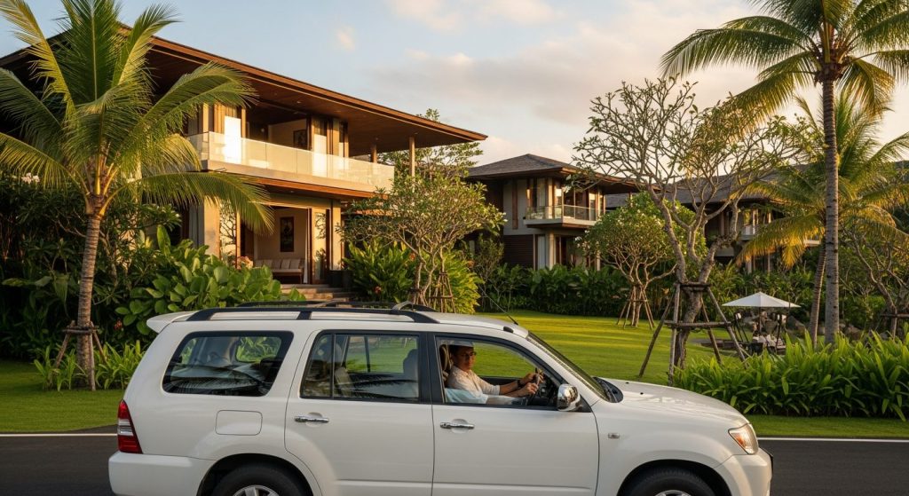 carbon conscious private transfer bali, Bali — Photorealistic editorial travel photo, eco-luxury Bali, natural light, lu