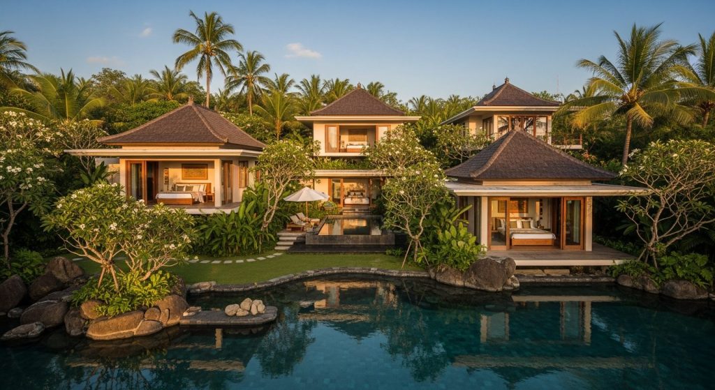 sustainable luxury villas bali, Bali — Photorealistic editorial travel photo, eco-luxury Bali, natural light, lush tropi