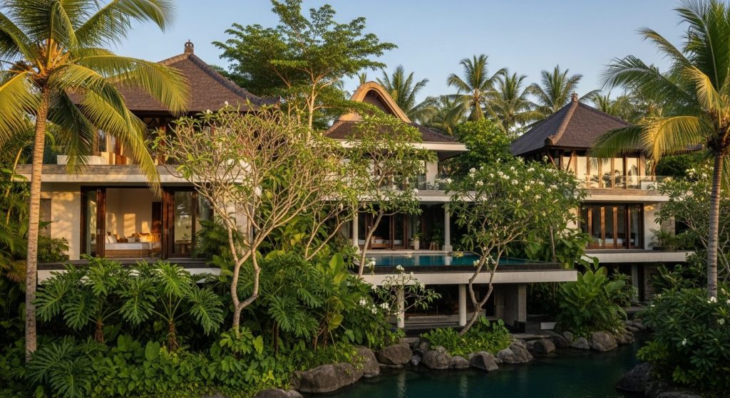 eco wellness retreat bali, Bali — Photorealistic editorial travel photo, eco-luxury Bali, natural light, lush tropical n